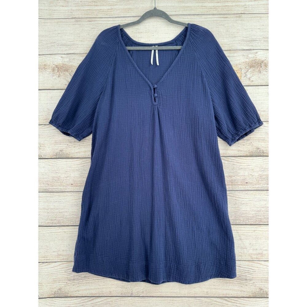 Anthropologie V-Neck Crepe‎ Short Sleeve Dress Women's Size Large Navy Blue